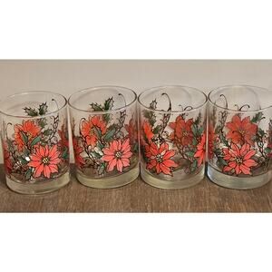 Vintage Libbey Glass Ponsettia Lowball Old Fashion Cocktail 12 oz Glasses Set 4